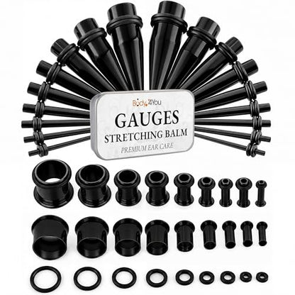 BodyJ4You 37PC Ear Gauge Stretching Kit 14G-00G - Aftercare Balm Tapers | Gauges for Ears Dead Stretching Lobe - Surgical Stainless Steel Single Flare Plugs - Flesh Tunnels O-Rings Expander Men Women - color: Black, Single Flare