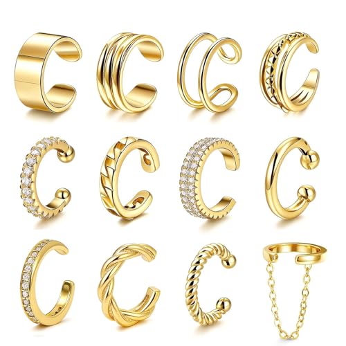 12Pcs Ear Cuffs Non Piercing 14K Gold Plated Ear Cuff Earrings for Women Adjustable Non Pierced Ears Clip on Cartilage Earrings Set Jewelry - color: A1: 12set ear cuff