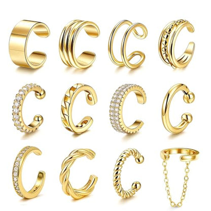 12Pcs Ear Cuffs Non Piercing 14K Gold Plated Ear Cuff Earrings for Women Adjustable Non Pierced Ears Clip on Cartilage Earrings Set Jewelry - color: A1: 12set ear cuff