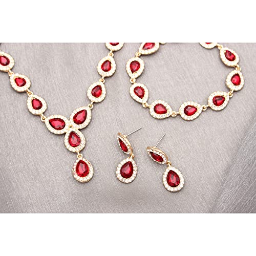 Austrian Crystal Rhinestone Necklace Dangle Earrings Link Bracelet Jewelry Set for Brides Bridesmaid Prom Costume Accessories for Women - color: Red-Gold Plated