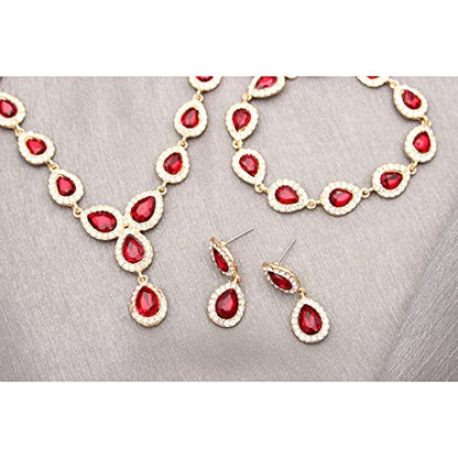 Austrian Crystal Rhinestone Necklace Dangle Earrings Link Bracelet Jewelry Set for Brides Bridesmaid Prom Costume Accessories for Women - color: Red-Gold Plated