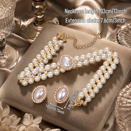 White Bead Necklace and Earring Vintage Gold Pearl Necklace Choker with Rhinestone Adjustable Faux Pearl Costume Jewelry Set for Wedding Bridal Birthday Tea Party