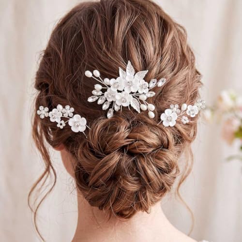 Unsutuo Bridal Flower Hair Pins Crystal Pearl Headpieces Silver Rhinestone Hair Accessories for Women and Girls(Pack of 3) (Silver)
