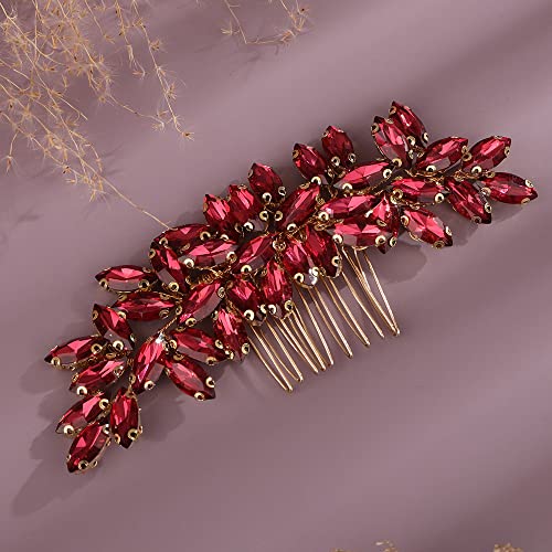 Teyglen Women Dainty Simple Full Rhinestones Hair Comb, Wine Red, 15 *6cm/5.9 *2.36 inches, Alloy+Rhinestones, 1 Count, for Women Bride Girls and Special Occasions - color: Wine Red