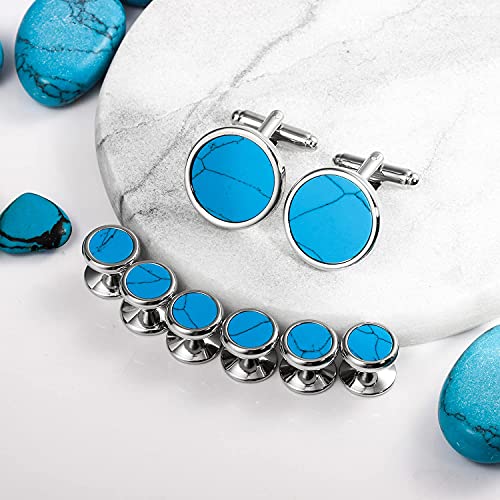 HAWSON Fashion Mother-of-Pearl Tuxedo Shirt Button and Cufflink Set, Specially Designed for Wedding Business - color: Silver Tone- Turquoise