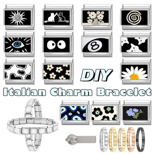 papasgix 11Pcs Italian Charms Set, 10mm*9mm Silvery Italian Charm | Italian Charms Bracelet Link Black Patterns Stainless Steel DIY Jewelry Gifts - style: Heart