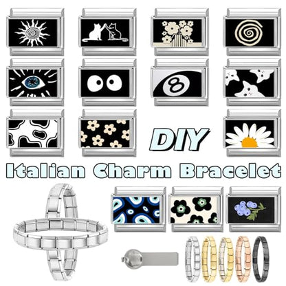 papasgix 11Pcs Italian Charms Set, 10mm*9mm Silvery Italian Charm | Italian Charms Bracelet Link Black Patterns Stainless Steel DIY Jewelry Gifts - style: Heart