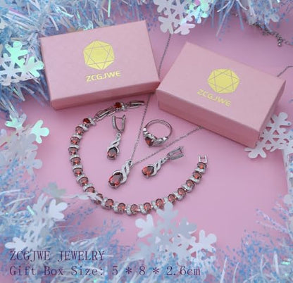 Wedding Jewelry Set for Women Gem Necklace Earrings Bracelet Luxury Jewelry Set Birthday Valentine's Day Mother's Day Christmas Prom Jewelry Gift - color: MHSD-Garnet