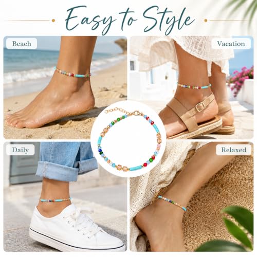 Beaded Beach Anklet Boho Elastic Foot Jewelry Colorful Beads Polymer Clay CharmsBohemian Summer Accessories for Seaside Vacations Festivals Women's Boho Ankle Chain | Colorful beaded anklet with boho beach style, adjustable chain fit and lightweight desig
