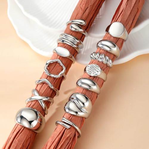 Chunky Rings for Women Non Tarnish 14k Stackable Dome Statement Rings Sets Vintage Dainty Knuckle Open Midi Finger Rings Jewelry Pack Gifts - style: Silver 14Pcs