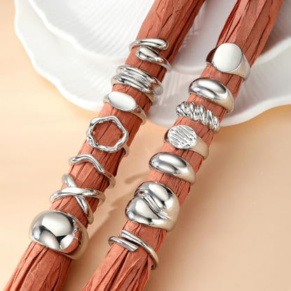 Chunky Rings for Women Non Tarnish 14k Stackable Dome Statement Rings Sets Vintage Dainty Knuckle Open Midi Finger Rings Jewelry Pack Gifts - style: Silver 14Pcs