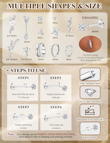 20G 18G Threadless Flat Back Earrings 316L Surgical Steel, 12PCS | Hypoallergenic Push in Stud Earrings, 14K Gold Plated Cartilage Earring Stacks, Helix Conch Tragus Nose Piercing Jewelry - color: Silver Tone, size: 20G-6MM Bar