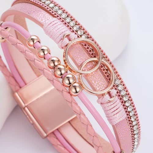 Chunky Boho Leather Wrap Bracelets Cowgirl Beaded Circle Western Jewelry | Stackable Infinity Layered Bohemian Magnetic Clasp Cuff Statement Fashion Colorful Country Hippie Outfits for Women Trendy - color: Pink
