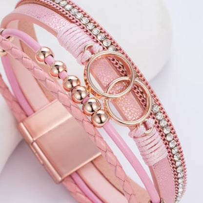 Chunky Boho Leather Wrap Bracelets Cowgirl Beaded Circle Western Jewelry | Stackable Infinity Layered Bohemian Magnetic Clasp Cuff Statement Fashion Colorful Country Hippie Outfits for Women Trendy - color: Pink