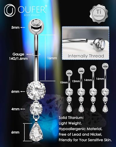 OUFER Dangle Belly Button Rings, Titanium Belly Rings, Clear CZ Dangle Belly Piercing Jewelry, Navel Piercing Jewelry, Internally Threaded Belly Rings For Women Men-10MM