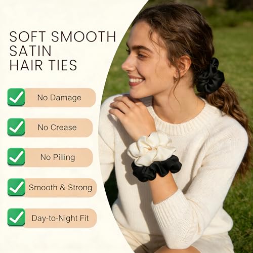Big Satin Scrunchies for Women, 5.2 Inches Large Scrunchie, Silk Elastic Ponytail Holders for Girls, Jumbo Hair Ties for Thick/Curly Hair, Soft Scrunchy No Crease No Pilling, 4 Pack - color: Black+Brown