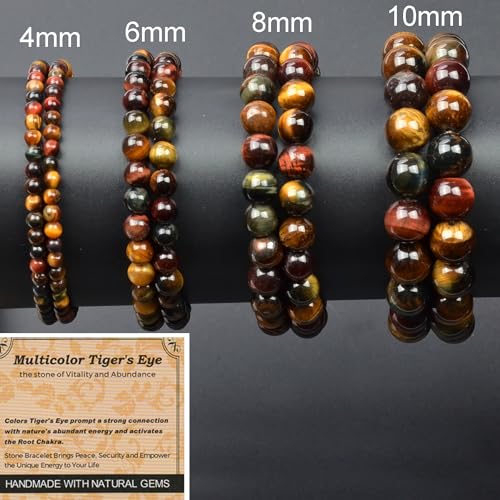 MASSIVE BEADS Handmade Yoga Stretch Elastic Bracelet Natural Stone Crystal Healing Power Energy Gifts for Unisex Adult 4mm 6mm 8mm 10mm - color: 3-Tiger's Eye (Vitality and Abundance), size: 10mm