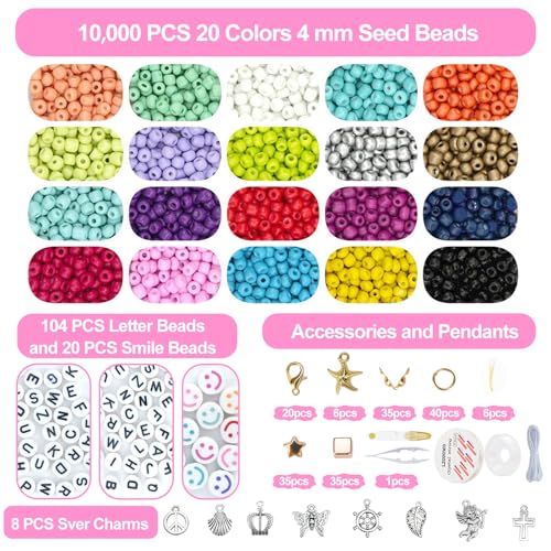 16300 4mm Glass Seed Beads for Bracelet Making Kit with Letter Beads | Friendship Bracelet, Clay Heishi Disc Beads Charms Elastic String for Concert Jewelry Making DIY Creative Gift - color: 16300