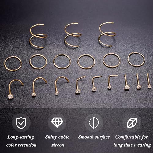 22G 18Pcs G23 Titanium Nose Rings Hoops for Sensitive Skin Double Nose Rings L Shaped Nose Studs Hypoallergenic Nose Piercings Jewelry - color: Gold