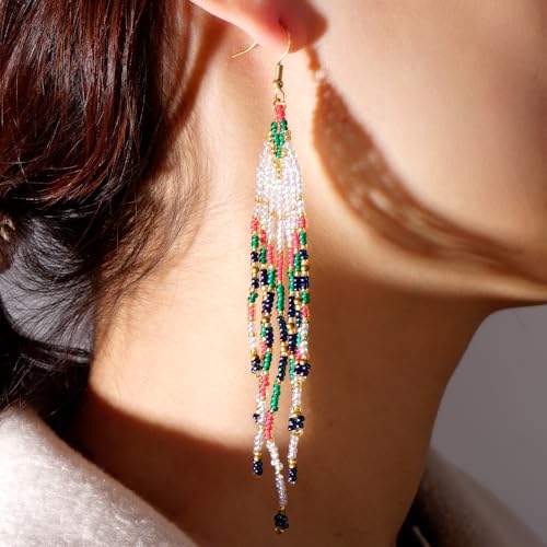 Bohemian Tassel Colorful Beaded Earrings For Women Trendy, Long Fringe Feather Drop Jewelry Handmade Gifts. - color: color1