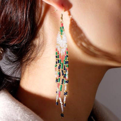 Bohemian Tassel Colorful Beaded Earrings For Women Trendy, Long Fringe Feather Drop Jewelry Handmade Gifts. - color: color1