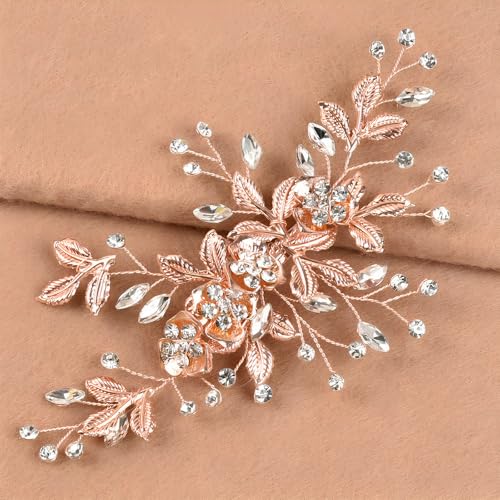 Bridal Hair Accessories Bright Rose Gold Wedding Hair Duckbill Clip for Brides, Handmade Rhinestone Hair Vine Wedding Head Pieces for Women and Bridesmaids Flower Girls, Christmas Gift - color: Bright Rose Gold