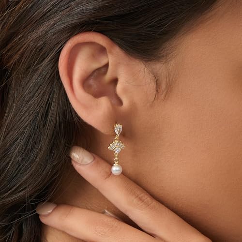 Pearl Earrings - 14K Gold/White Gold/Rose Gold Plated Cubic Zirconia CZ Diaomond Accented Pearl Drop Dangle Earrings for Women Wedding Bridal Prom - color: Fan Dangle