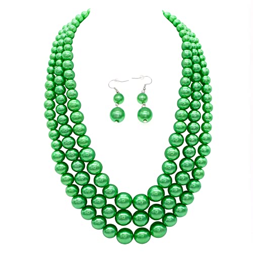 Chunky Layered Imitation Pearl Necklace for Women 3 strand Pearl Necklaces Faux Pearl Necklace Earrings Set 1920s Flapper Gatsby Costume Accessories - color: 3 strand pearl necklace green