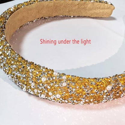 Glitter Crystal Headband for Women Sparkly Bling Diamond Headband Wide Hairband Sparkle Beaded Crystal Headband Thick Padded Headband for Party Non Slip Glitter Hair Hoop (Champagne, L) - color: Champagne