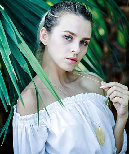 Filigree Long Leaf Pendant Dangle Necklace and Earring Jewelry Set | Beautiful Fashion Delicate Long Leaf Necklace Earrings For Women Trendy Boho - color: E-14K Gold Necklace