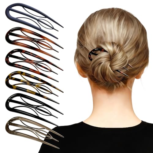 French Hair Pins for Women-6PCS Tortoiseshell U Shaped Clips for Buns, Prestige& Elegant,Internal Teeth Fork Hairpins Styling for Thick Twist Hair