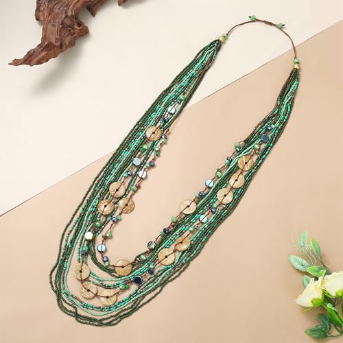 Elisheva Beaded Statement Necklace, Bohemian Layered Wood Bead and Turquoise Necklace, Chunky Coconut Shell Collar Necklace, Tribal Collar Jewelry for Women - color: multi layered green