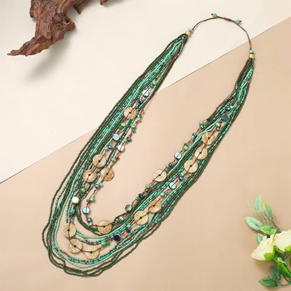 Elisheva Beaded Statement Necklace, Bohemian Layered Wood Bead and Turquoise Necklace, Chunky Coconut Shell Collar Necklace, Tribal Collar Jewelry for Women - color: multi layered green