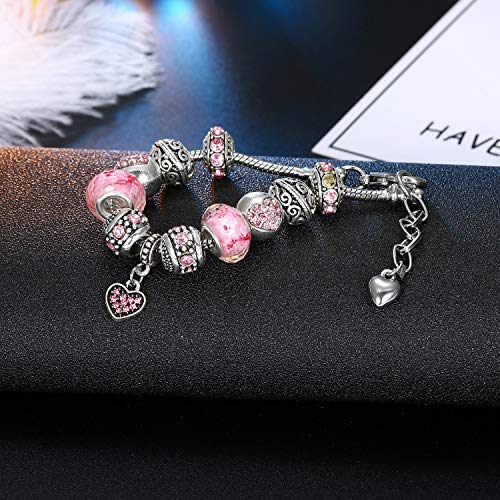 Pink Hearts Silver Plated Charm Bracelet, DIY Jewelry for Women with Beads, Charms, and Adjustable Snake Chain, Fits 7.5"+1.5" - color: Pink, size: 19cm