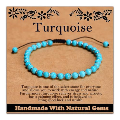468Handmade Adjustable Natural Gemstone Crystal Bracelet Healing Power Energy Inspirational Gifts with Card for Unisex - color: 25-Turquoise (Safety), size: 4mm