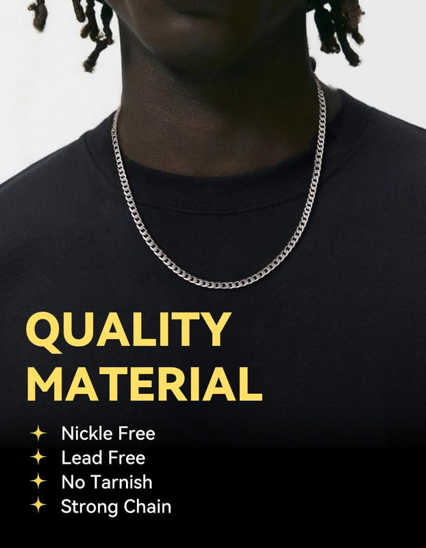 ChainsHouse Stainless Steel Cuban Link Chain Necklace for Mens Jewelry | 4mm/6mm/9mm/13mm Width Flat Cuban Chain, Black/14K Gold Plated Hip Hop Jewelry Mens Necklace 14"-30" Length with Gift Box - color: Silver
