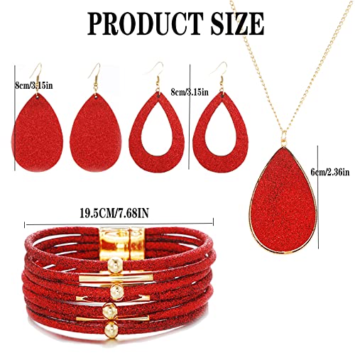 4 Pieces Faux Leather Earrings Necklace Bracelet Set 4 Pieces Christmas Plaid Stripe Jewelry Set Multi-Layer Leather Bracelet, Dangle Leather Earrings Necklace Glitter Jewelry Set for Women - color: red