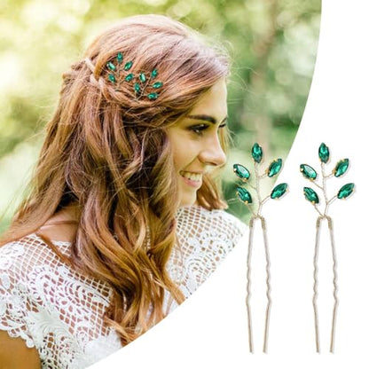Dizila 7 Pieces Emerald Green Crystal Bead Party Prom Wedding Bridal Vine Leaf Hair Side Combs + Rhinestone U-shaped Hair Pins Headpieces for Brides Bridesmaids Women Girls - color: Emerald Green