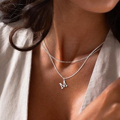 MBW Dainty Silver Layered Initial A-Z Pendant Necklaces for Women Thin | Simple Waterproof 925 Silver Plated Necklace Figaro Choker Monogram Name Jewelry Set Personalized - color: Silver InitIal NK-M