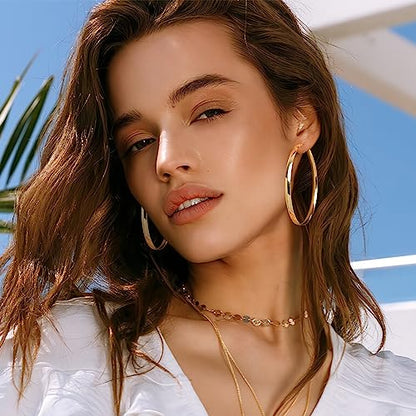 EXGOX 5mm Wide Gold Hoop Earrings for Women,Sterling Silver Hoop Earrings Large Silver Hoop Earrings Hypoallergenic Lightweight 14K Real Gold Plated Big Hoop Earrings for Women 30/40/50/60/70mm - color: Gold Color/50MM