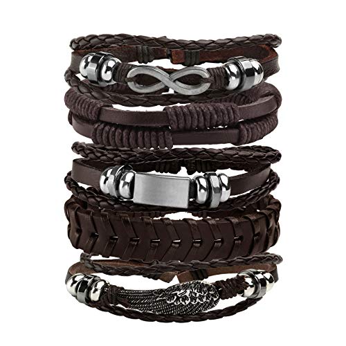 5 Pcs Braided Leather Bracelets for Men Women Woven Cuff Bracelet Adjustable - color: Brown