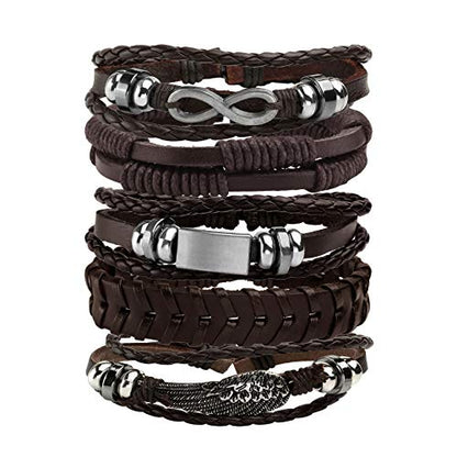 5 Pcs Braided Leather Bracelets for Men Women Woven Cuff Bracelet Adjustable - color: Brown