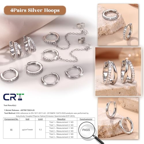 4 Pairs Small Hoop Earrings for Women 14K Gold Plated | Trendy Chain Drop Earrings Set, Hypoallergenic CZ Huggie Hoops, Lightweight Cartilage Earring Stacks - color: Silver Plated-double hoop