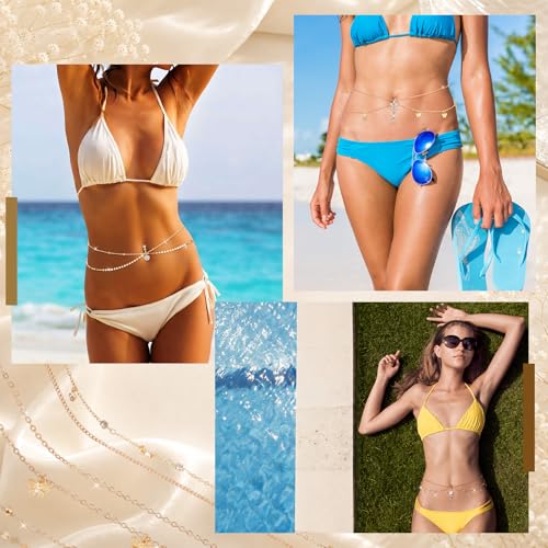 Hicarer 3 Pieces Crystal Belly Ring with Chain Rhinestone Waist Body Chain Bikini Belly Jewelry Beach Accessories Jewelry for Women Adults - color: Gold, style: Vibrant Style