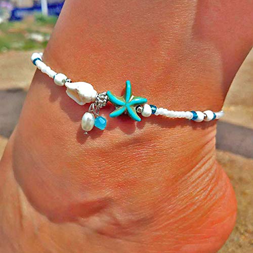Softones Blue Starfish Turtle Anklet Multilayer Charm Beads Sea Handmade Boho Anklet Foot Jewelry for Women - style: T:Pearl