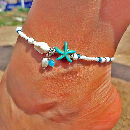 Softones Blue Starfish Turtle Anklet Multilayer Charm Beads Sea Handmade Boho Anklet Foot Jewelry for Women - style: T:Pearl