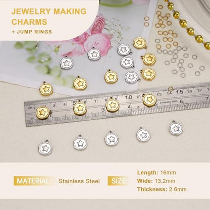 Stainless Steel Charms Bulk for Jewelry Making Round Star Charm Pendant for Bracelet DIY Jewelry Supplies - color: Star Gold Silver