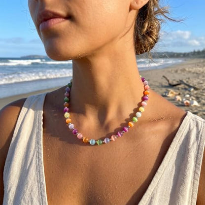 Dopamine Necklace UV Reactive Colorful Rainbow Beaded Necklace Dopamine Jewelry Set Color Changing Mood Necklaces Bracelet Earrings Summer Beach Vacation Gift for Women - color: A7：gold changing jewerly set