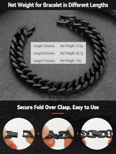 FaithHeart Mens Stainless Steel Cuban Link Bracelet, Tarnish Resistant | 6/8/12/17mm Silver/Black/Gold Sturdy Hip Hop Wrist Chain Bracelets Daily Wear with Gift Box, 7.5"/8.3"/9.1" Length - color: Black-12mm Width, size: Length 7.5 Inches