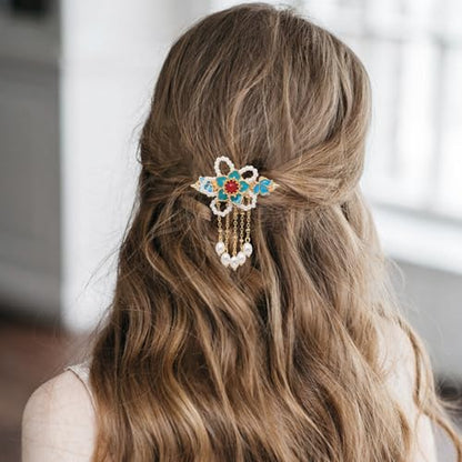 A Pair Wedding Hair Clips, Handmade Floral Design Crystal Hair Clips Pearl Barrettes, Rhinestones Flower Clips Pearl Headpieces Hair Pins Hair Accessories for Women Girls (Blue&White Flower) - color: Blue&White Flower